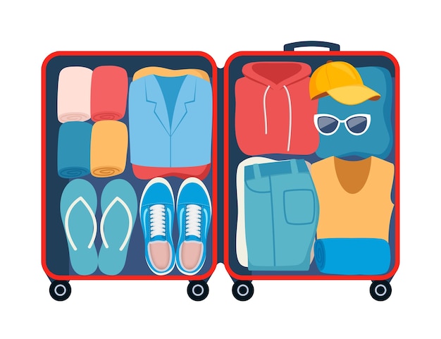 Maleta com roupas embaladas para viagens em vista superior Vestuário calçados