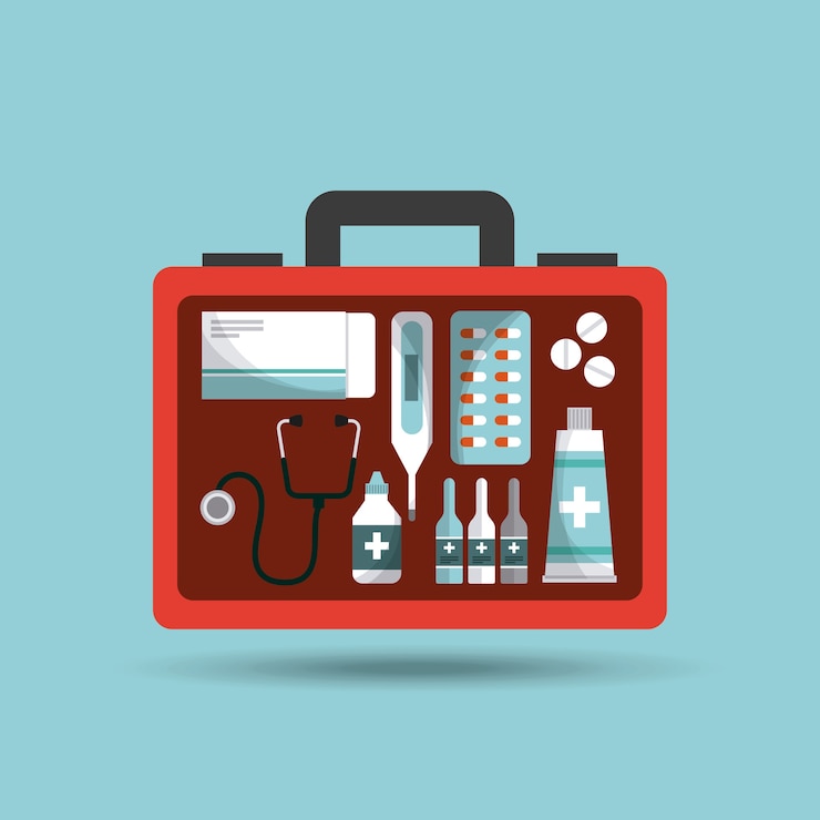 Vetor maleta de primeiros socorros com equipamento de medicina