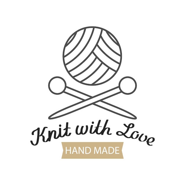 Vetor malha com letras de amor e agulhas de tricô com um vetor de logotipo de ícone hobby de tecido de malha