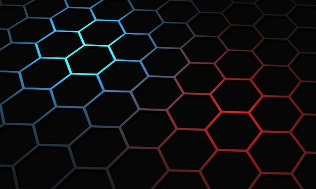 Malha de hexágono de luz azul vermelha abstrata no vetor de fundo futurista moderno de design preto