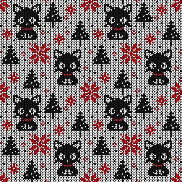 Malha padrão de natal e ano novo em gatos. design de camisola de tricô de lã. impressão têxtil em papel de parede de embrulho. eps 10
