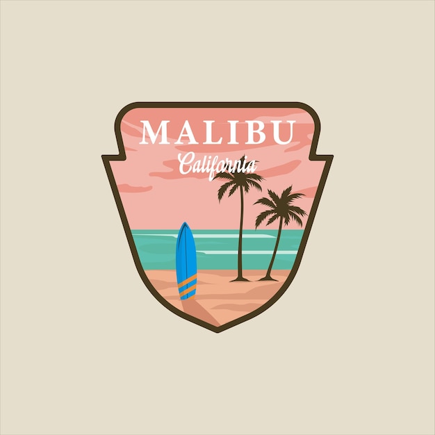 Malibu, califórnia, praia, emblema vetorial, modelo, ilustração, design gráfico, ícone, surf, viagem, banner, e, sinal, etiqueta, crachá, para, negócios, ou, férias, conceito