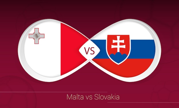 Malta vs Eslováquia na competição de futebol, ícone do Grupo H. Versus no fundo do futebol.