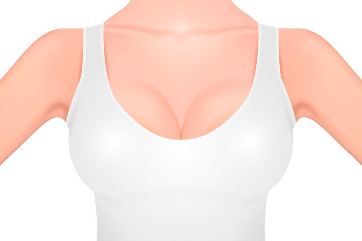 Vetor mama feminina realista em uma regata branca closeup mulheres, saúde, higiene, mama, conceito, câncer