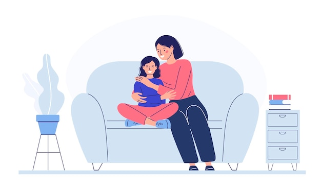Mamãe com a criança senta no sofá, mostra amor, abraça a criança. relações familiares.