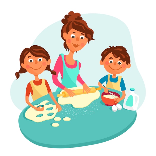Vetor mamãe faz biscoitos com crianças, um menino e uma menina. as crianças ajudam os pais a cozinhar.
