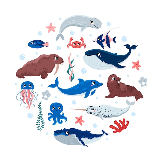 Mamíferos animais marinhos em ilustração vetorial plana de moldura redonda isolada