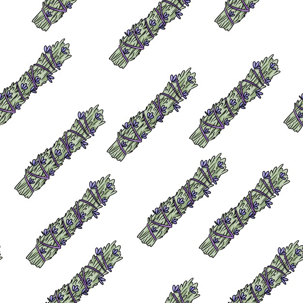 Mancha de sálvia varas padrão sem emenda de boho desenhados à mão. Fundo de textura de pacote de ervas de lavanda