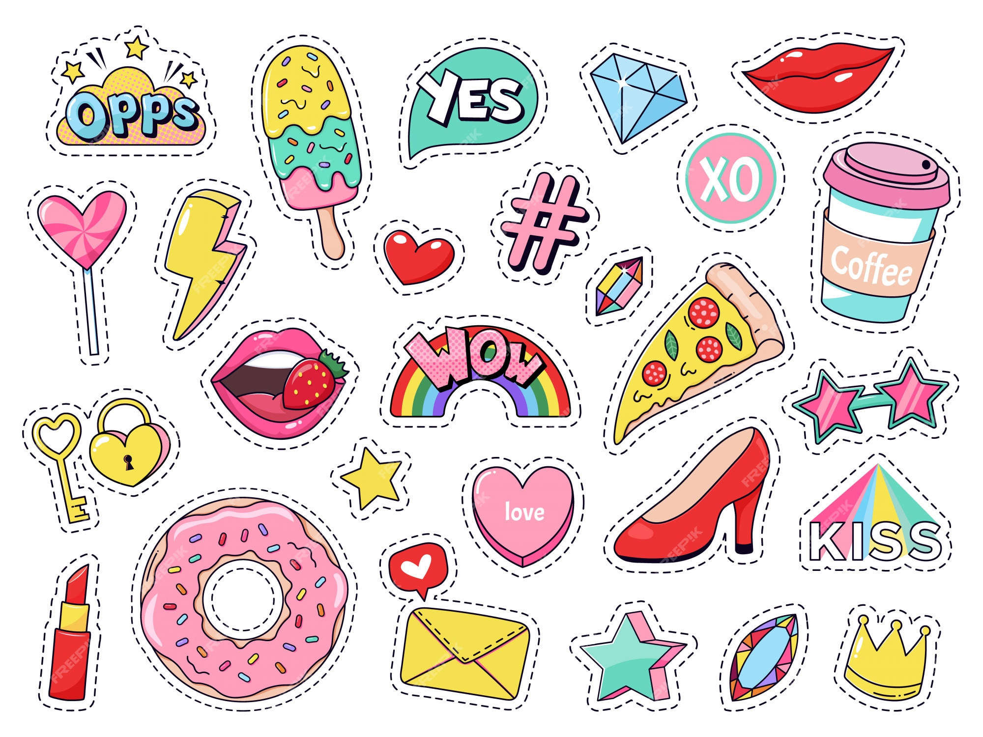 Adesivos De Moda Menina Patches Emblemas Coloridos Bonitos Diversão Dos  Desenhos Animados Ícones Design Doodle Elemento Na Moda Impressão Vector  Ilustração Sem Costura De Fundo Ilustraciones svg, vectoriales, clip art  vectorizado libre