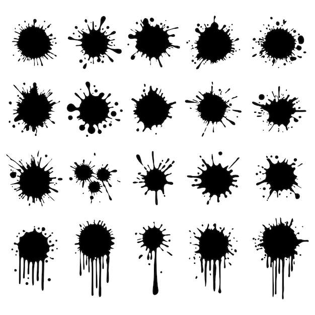 Manchas de tinta preta com gotas definidas diferentes elementos de design de spray desenhados à mão manchas de salpicos de tinta de pintura