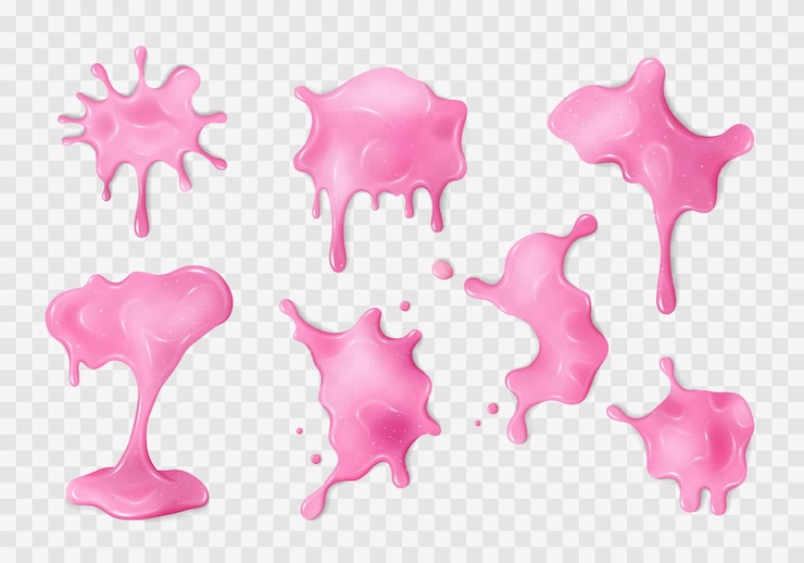 Vetor manchas líquidas cor-de-rosa com manchas viscosas realistas com gotas diferentes formas de muco pegajoso
