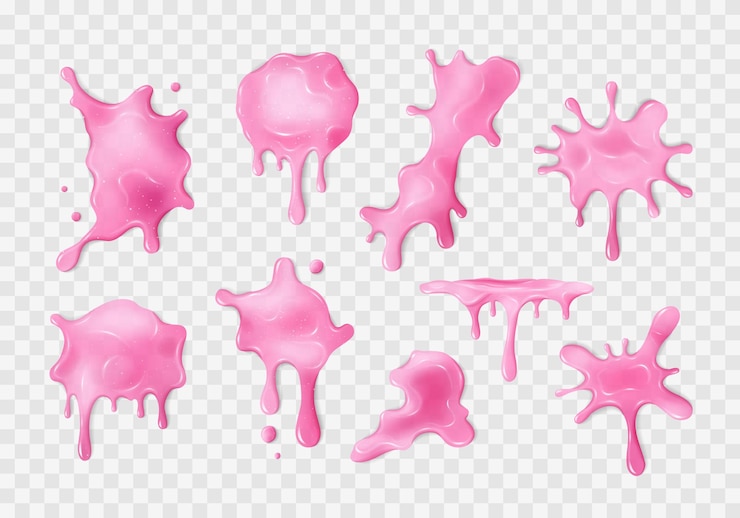 Vetor manchas líquidas cor-de-rosa com manchas viscosas realistas com gotas diferentes formas de muco pegajoso