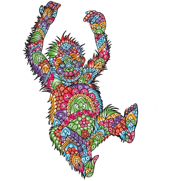 Mandala animal desenhada à mão para colorir página com desenho de mandala de orangotango