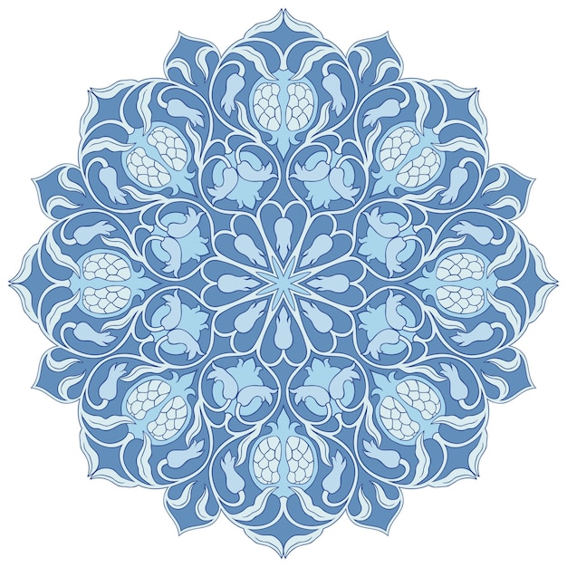 Mandala azul com romãs. elemento de design.