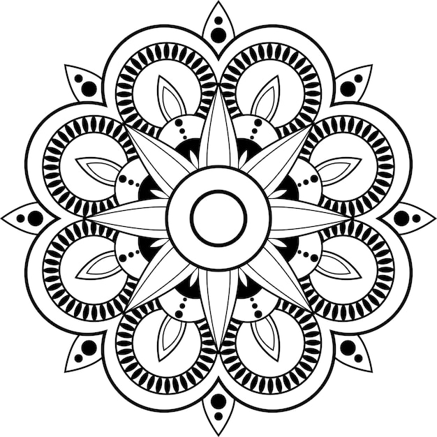 Mandala circular em preto e branco isolada em um fundo branco.