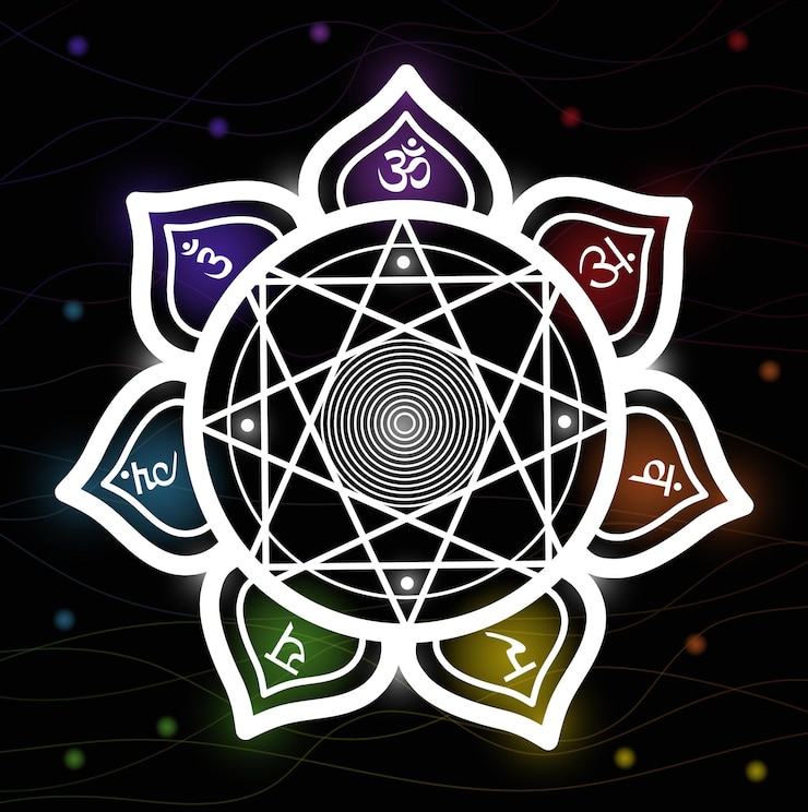 Vetor mandala de chakra com símbolos sânscritos flor da vida com sete chakras em fundo preto