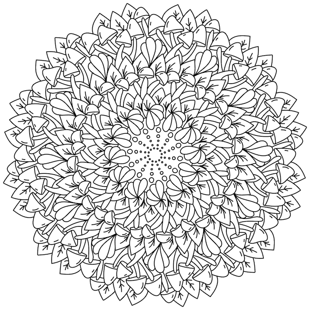 Mandala de contorno com cogumelos e folhas de fantasia para colorir com elementos naturais