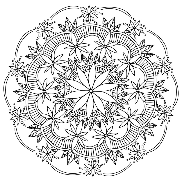 Mandala de contorno com flores de rabiscos e cachos de folhas para colorir com elementos vegetais