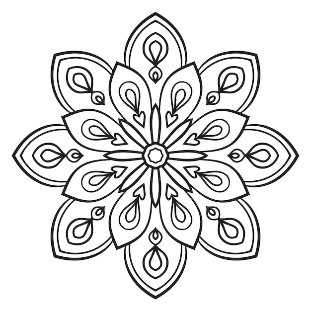 Mandala de flor de contorno preto doodle elemento decorativo redondo para livro de colorir isolado