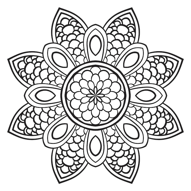 Mandala de flor de contorno preto Doodle elemento decorativo redondo para livro de colorir isolado