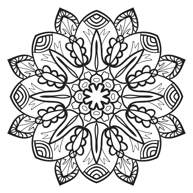 Mandala de flor de contorno preto doodle elemento decorativo redondo para livro de colorir isolado