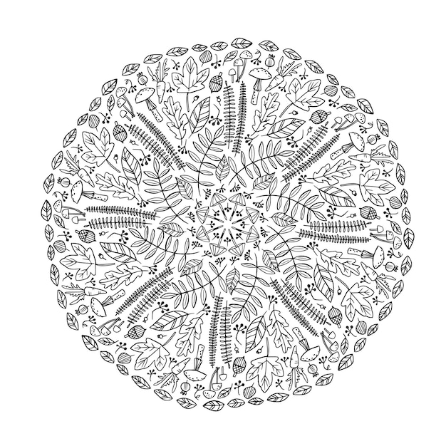 Mandala de folha de outono com elementos fofos