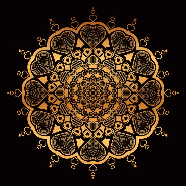 Mandala de mão dourada desenhada com corações