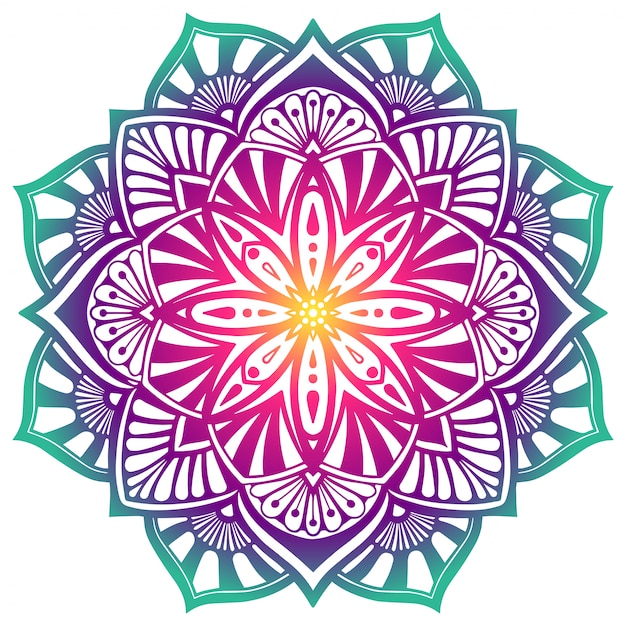 Vetor mandala decorativa em cores verdes roxas.