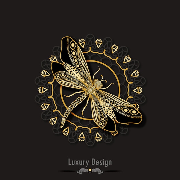 Mandala e libélula ornamentais de luxo dourados
