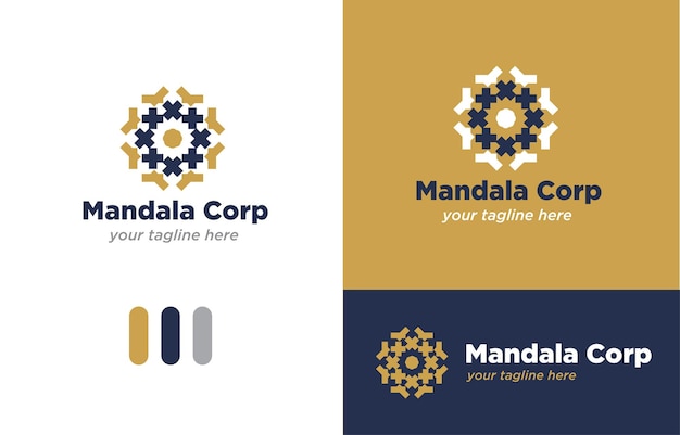 Vetor mandala logo vector concept ouro e azul marinho para joias ou estilo clássico corporativo