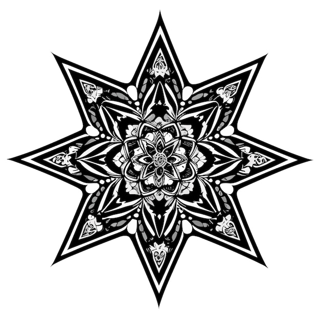 Vetor mandala preto e branco com uma flor no centro.