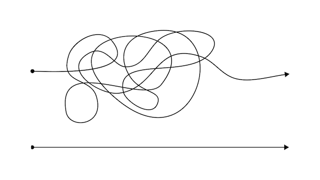 Vetor maneira certa simples e errada complexa com linha bagunçada. linhas pretas com um ponto inicial e uma seta no final, isoladas no fundo branco. ilustração vetorial