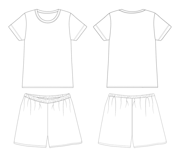 Maneiras curtas esboço de bebê de crianças T-shirt calções tops técnica moda esboço plano dianteiro e traseiro v