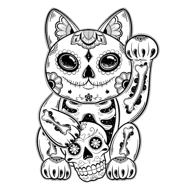 Maneki neko ilustração vetorial de desenho de gato japonês design de impressão de vestuário de camiseta imagem desenhada à mão em preto e branco