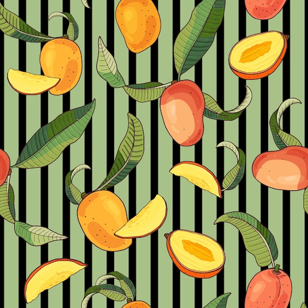 Mango.Seamless padrão com frutas tropicais amarelas e vermelhas e peças em fundo listrado verde. Ilustração de verão brilhante.