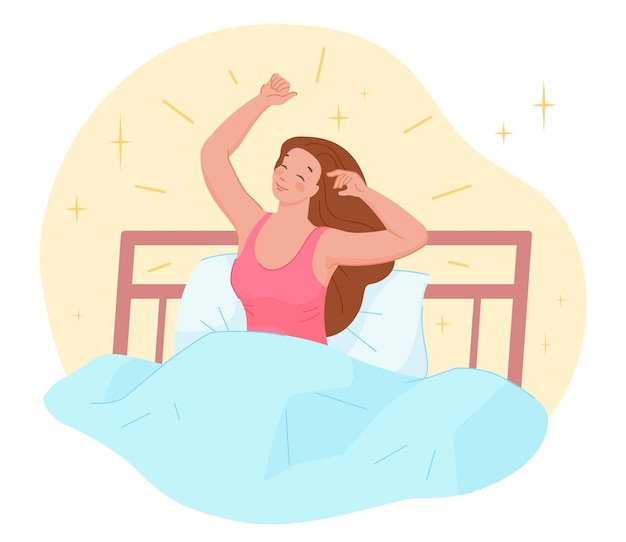 Manhãs se espreguiçando na cama a mulher feliz acordada se estica na luz do sol no início da manhã fresca preguiçosa relaxa a menina sentada com o cobertor no quarto acorda o conceito do relógio ilustração do vetor