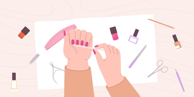 Manicure caseira Menina arquivou unhas com arquivo de unhas estiloso design de unhas cor-de-rosa Salão de beleza em casa procedimentos de spa vetor cena de moda