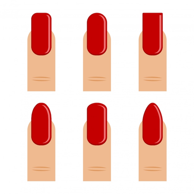 Manicure. dedo com esmalte vermelho, unhas de diferentes formas.