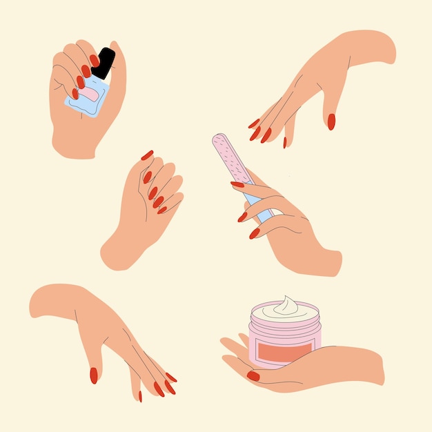 Vetor manicure e cuidados à mão. ilustrações para cosméticos de unhas e salão de beleza.