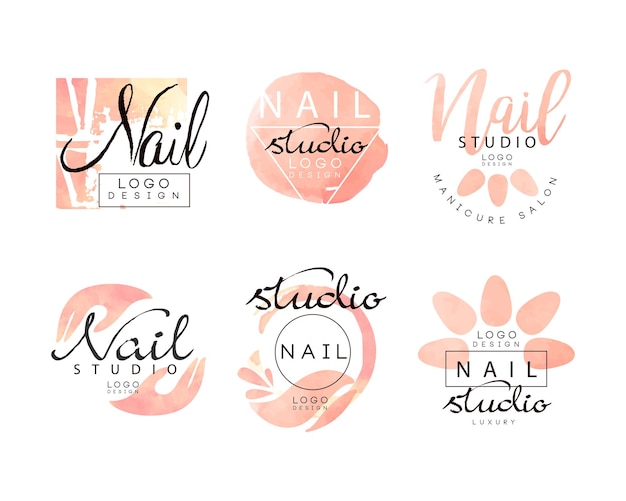 Manicure Nail Studio Logo Design com conjunto vetorial de elementos de aquarela rosa