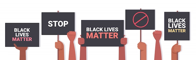Vetor manifestantes mãos segurando vidas negras importam banner campanha de conscientização contra a discriminação racial