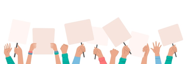 Manifestantes segurando cartazes. As pessoas lutam por direitos, bandeira da revolução, protesto e manifestação, motim pela liberdade. Ilustração vetorial
