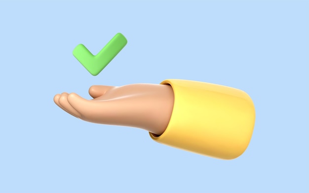 Mano de desenho animado 3D segurando ícone de marca de verificação verde Mão segurando um sinal feito Conceito de aprovação Ilustração 3D vetorial