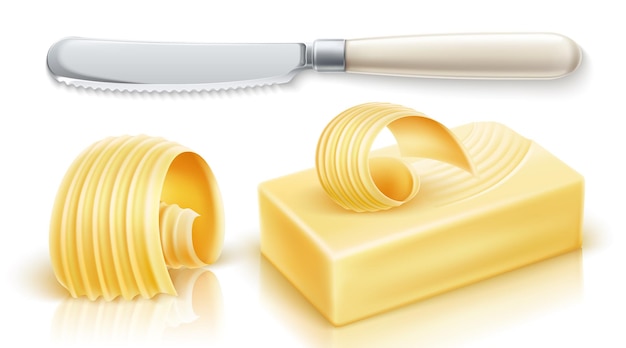 Vetor manteiga, margarina, produtos para barrar, laticínios. faca de mesa em ferro. ilustração vetorial realista.