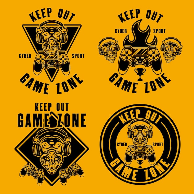 Vetor mantém fora da zona de jogo conjunto de emblemas vetoriais sinais ou adesivos com cabeça alienígena em fones de ouvido e gamepad em estilo preto em fundo amarelo