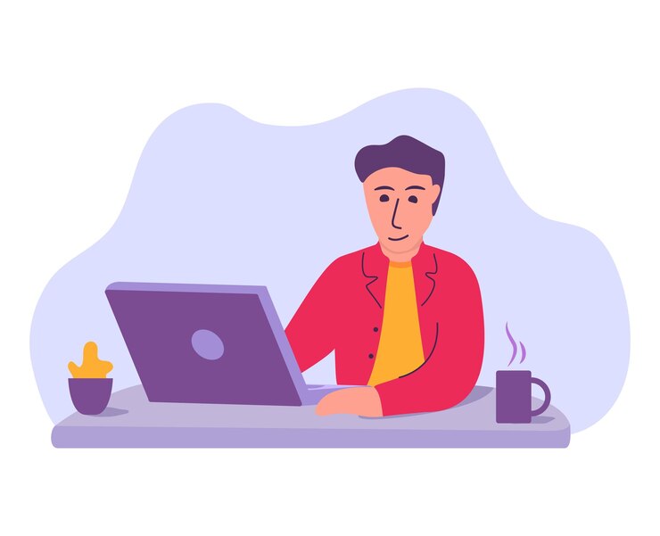 Vetor manter-se em casa banner homem com um laptop trabalhar online quarentena ou auto-isolamento trabalho remoto