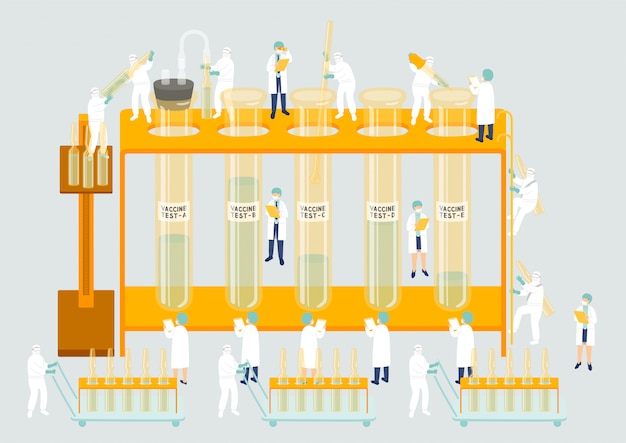 Vetor manufatura de gerenciamento de trabalho em equipe de pessoal médico equipe de equipe de laboratório de montagem em miniatura pessoas geram vacina covid-19, metáfora de laboratório de ciências cartaz ou banner social isolado