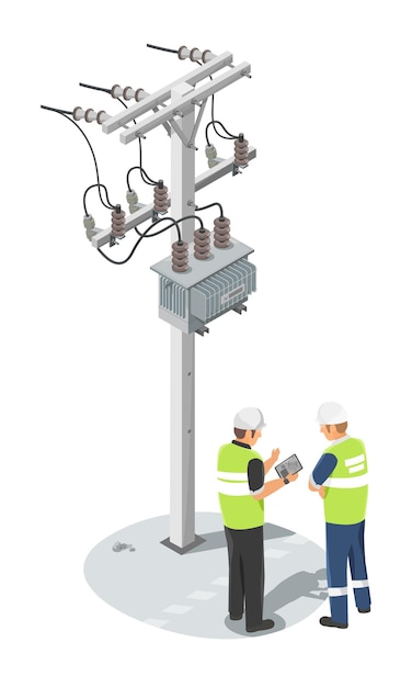 Vetor manutenção de transformadores de tensão fábrica de distribuição de energia elétrica reparação em altura