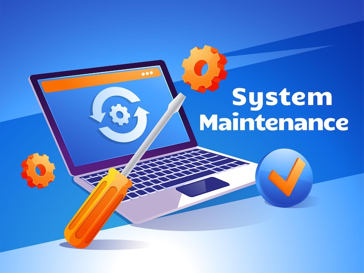 Vetor manutenção do site, atualização de páginas da web de desenvolvimento de software na internet com laptop