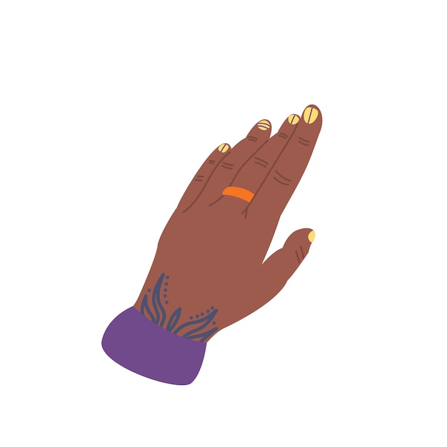 Mão afro-americana humana com uma manicure brilhante e tatuagem clipart dos desenhos animados elemento contemporâneo para seu projeto ilustração vetorial desenhado à mão em um fundo branco isolado